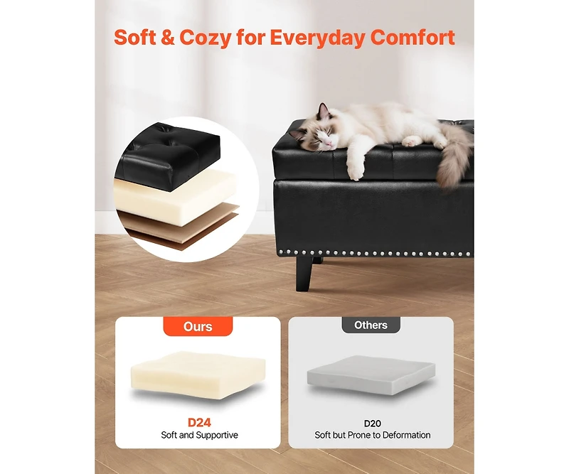 Pu Leather Storage Ottoman Bench Gray with Button-Tufted Design and Wooden Legs