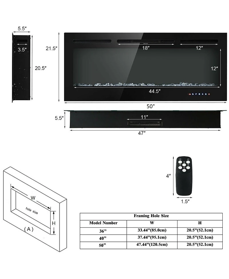 Sugift 50 Inch Recessed Electric Insert Wall Mounted Fireplace with Adjustable Brightness