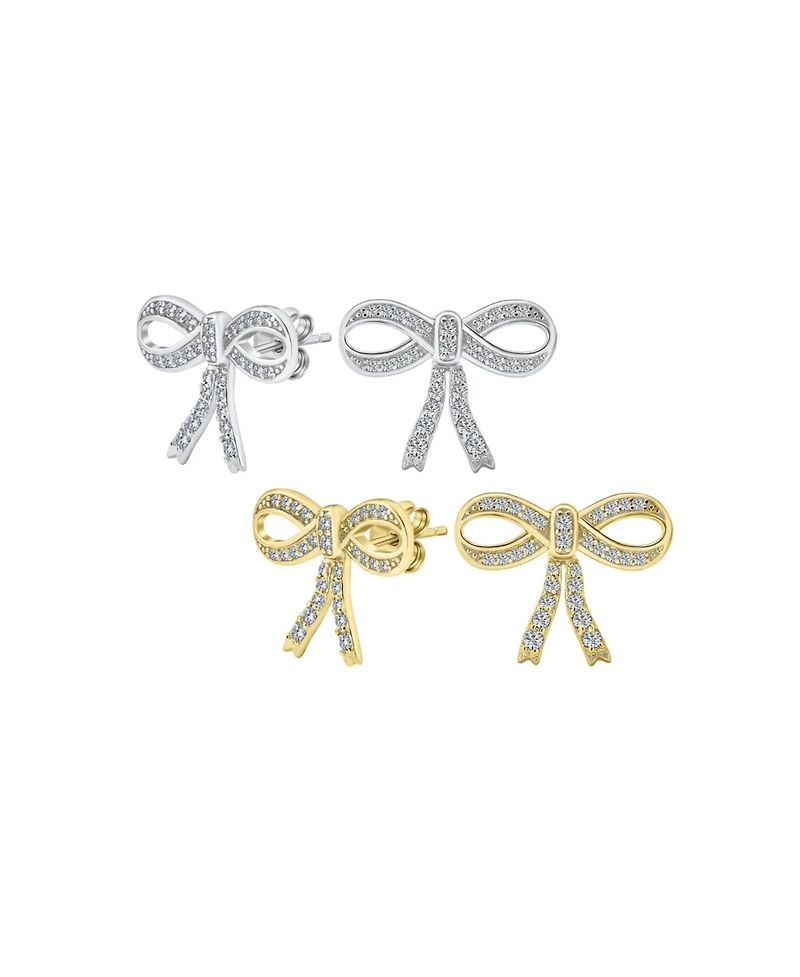 Bling Jewelry Set of 2 Ribbon Pave Cz Bow Stud Earrings Gold Plated Sterling Silver