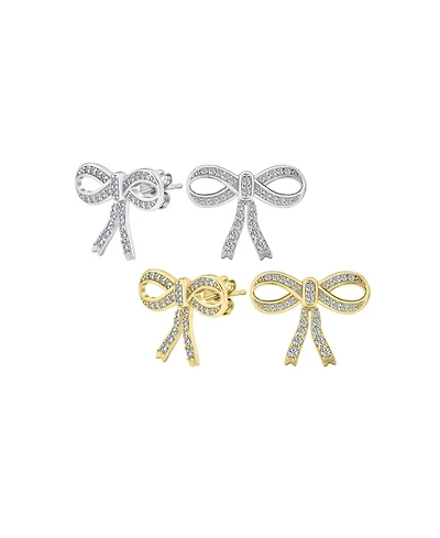 Bling Jewelry Set of 2 Ribbon Pave Cz Bow Stud Earrings Gold Plated Sterling Silver
