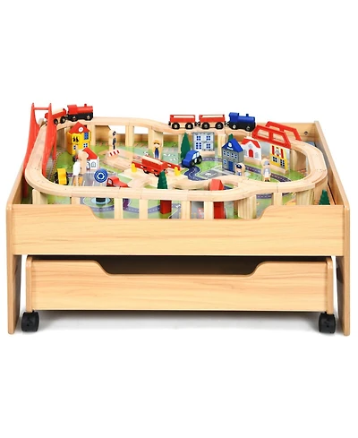 Sugift Children's Wooden Railway Set Table with 100 Pieces Storage Drawers