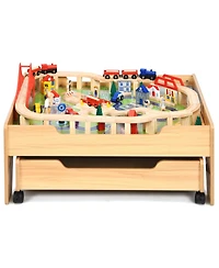 Sugift Children's Wooden Railway Set Table with 100 Pieces Storage Drawers