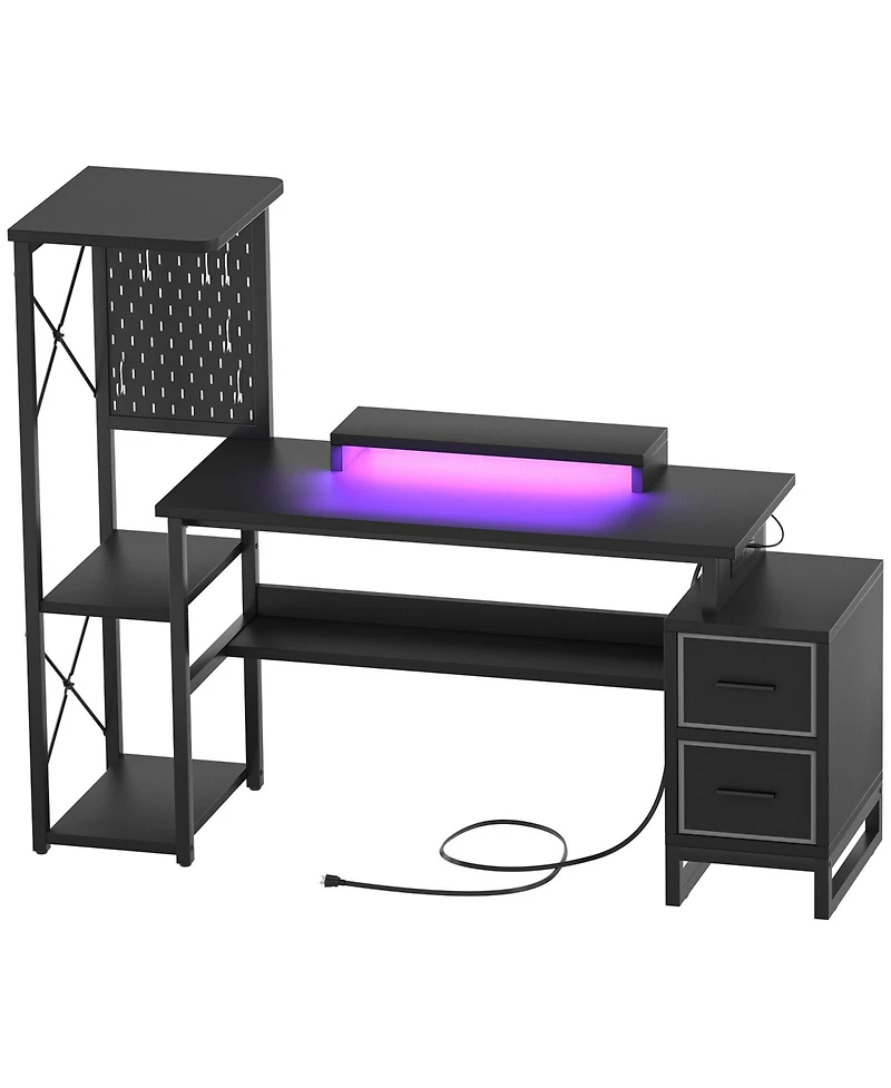 Gaming Desk with 2 Fabric Drawers and Led Lights, Reversible Computer Outlets & Diy Pegboard