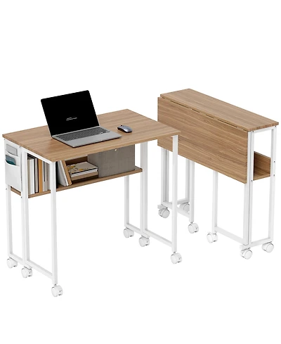 Homcom Small Folding Desk Foldable Computer with Shelf Wheels