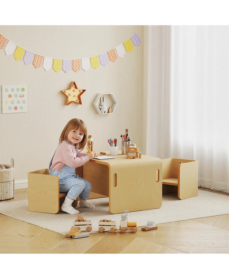 Qaba Kids Table and Chair Set, Wooden Activity Table with Chairs, Natural