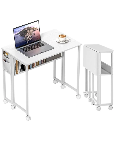 Homcom Small Folding Desk Foldable Computer Desk with Shelf Wheels