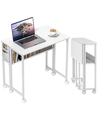 Homcom Small Folding Desk Foldable Computer Desk with Shelf Wheels