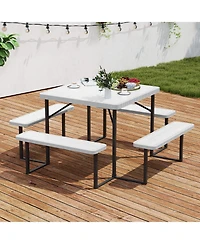 Outdoor Square Picnic Table Bench Set for 4-8 People with Umbrella Hole