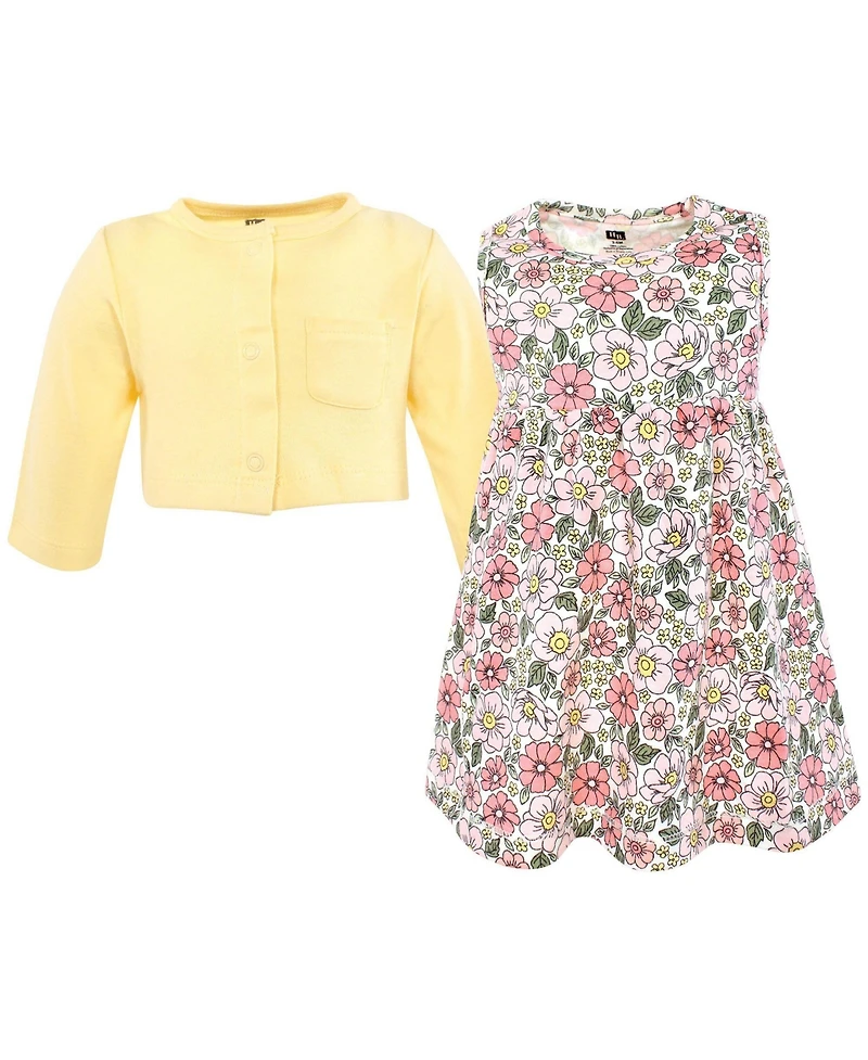 Hudson Baby Toddler Girls Cotton Dress and Cardigan Set, Pink Yellow Pretty Floral