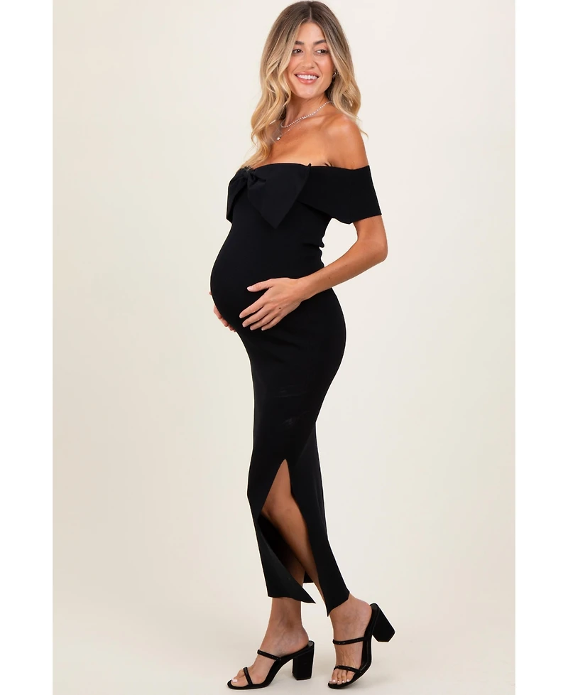 Pinkblush Maternity Black Bow Detail Off Shoulder Side Slit Midi Dress