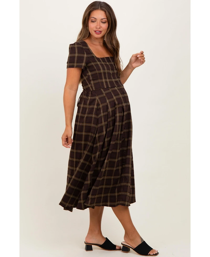 Pinkblush Maternity Brown Plaid Button Down Midi Dress