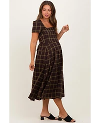 Pinkblush Maternity Brown Plaid Button Down Midi Dress