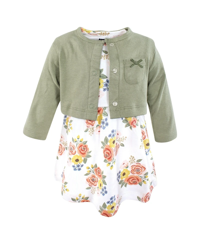 Hudson Baby Toddler Girls Cotton Dress and Cardigan Set, Golden Bouquet