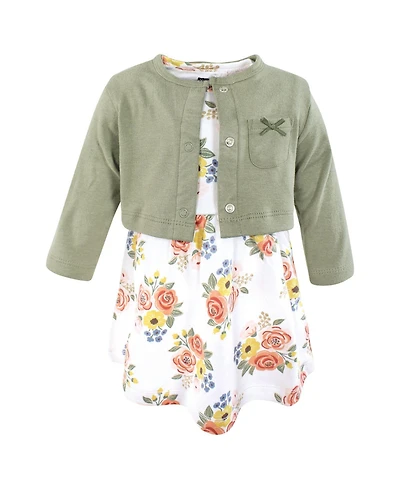 Hudson Baby Toddler Girls Cotton Dress and Cardigan Set, Golden Bouquet