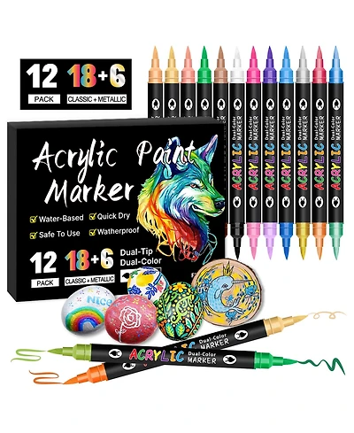 Htutwoo Double-Headed Two-Color Acrylic Marker Set, Soft Head Water-Based Opaque Painting Art Pen for Doodling, Drawing