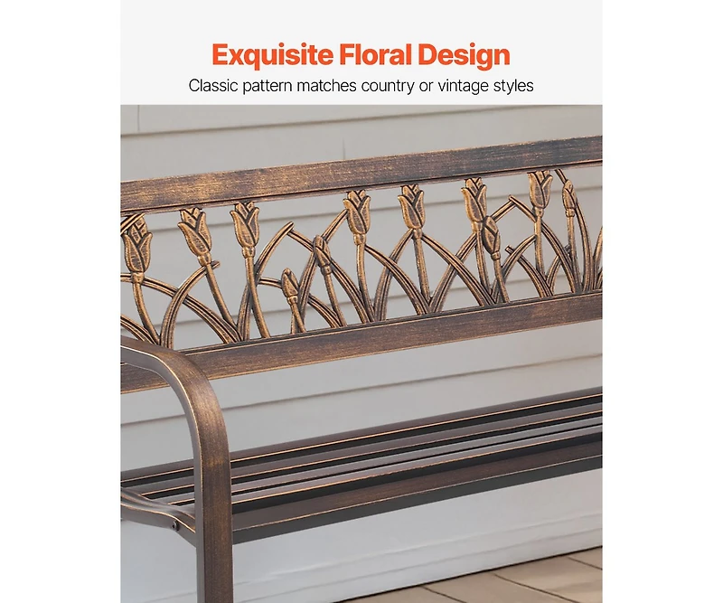 Slickblue 50" Outdoor Patio Bench with Metal Frame and Pvc Floral Backrest