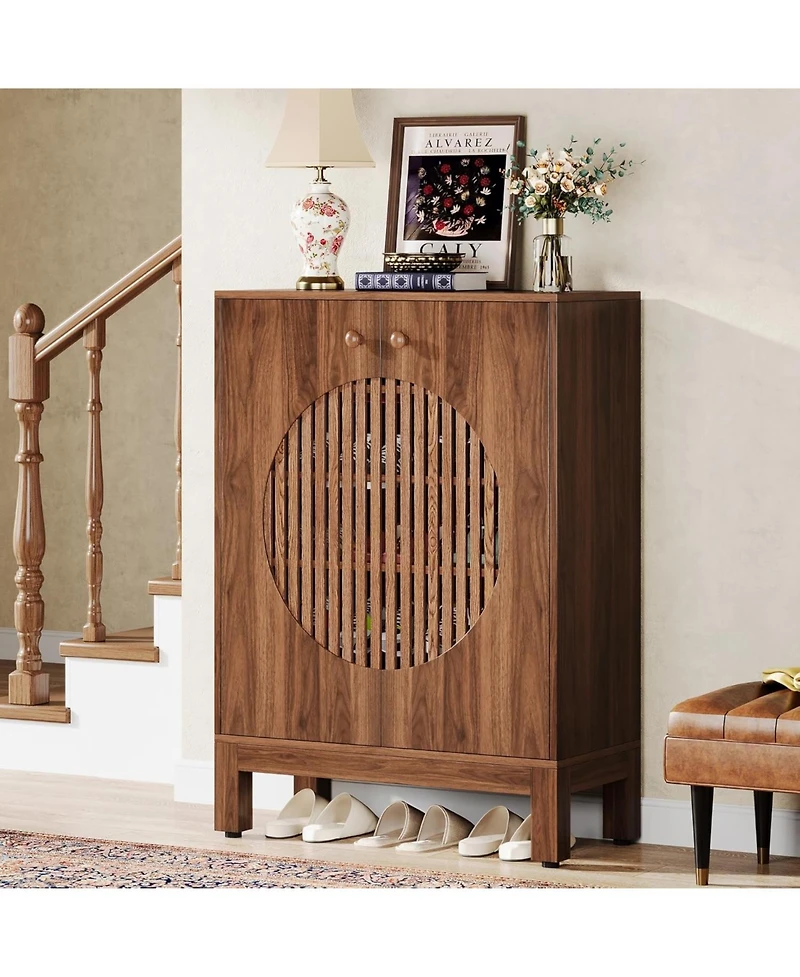 Tribesigns 20 Pairs Shoe Storage Cabinet with Adjustable Shelves, Round Louvered Doors