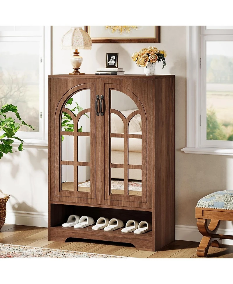 Tribesigns Brown Shoe Cabinet with Mirrored Doors, Adjustable Shelves