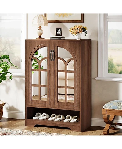 Tribesigns Brown Shoe Cabinet with Mirrored Doors, Adjustable Shelves