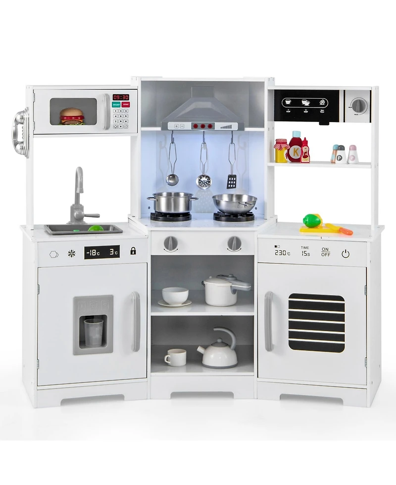 Sugift Pretend Play Kitchen Wooden Toy Set with Range Hood Real Sounds and Lights-White