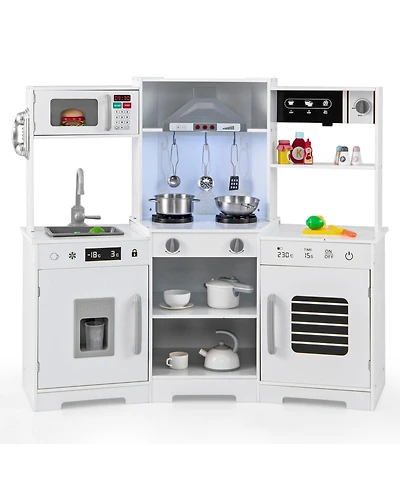 Sugift Pretend Play Kitchen Wooden Toy Set with Range Hood Real Sounds and Lights-White