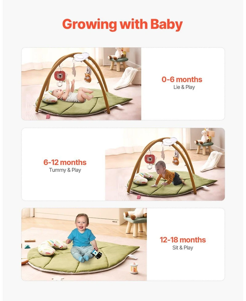 Baby Play Gym Mat with 6 Sensory Toys, Tummy Time Activity Mat 42.9" x 33.5"