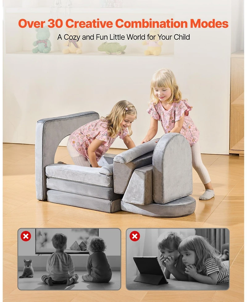 Slickblue Modular Kids Play Couch 10-Piece Sectional Toddler Sofa with Armrests, Gray