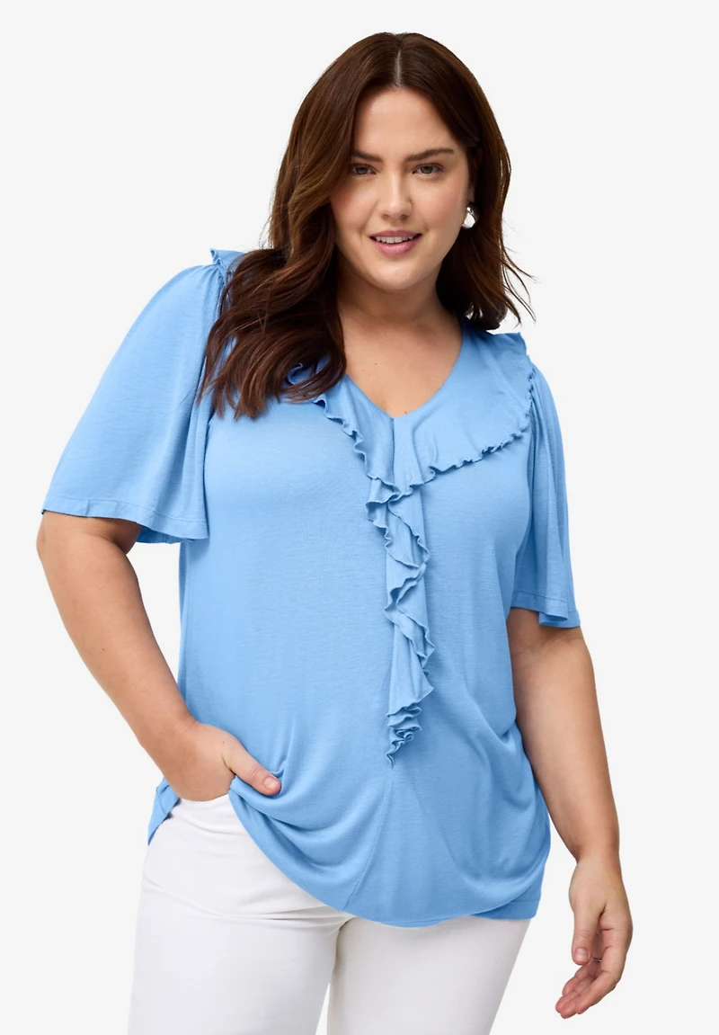 ellos Women's Ruffle Neckline Flutter Sleeve Tunic
