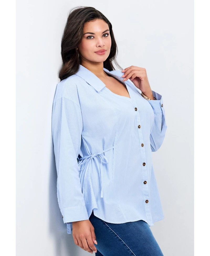 Avenue Women's Plus Ray Stripe Polpin Shirt With Tie Detail