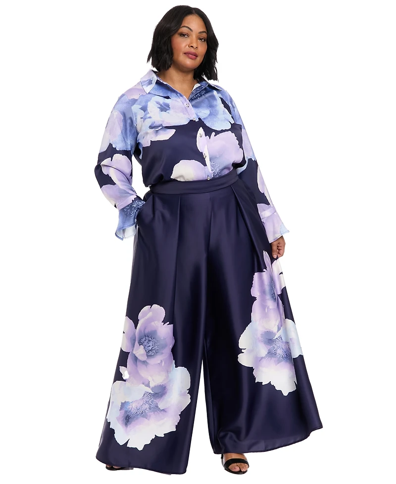 Muse Plus Front Pleat Floral Placement Palazzo Pants