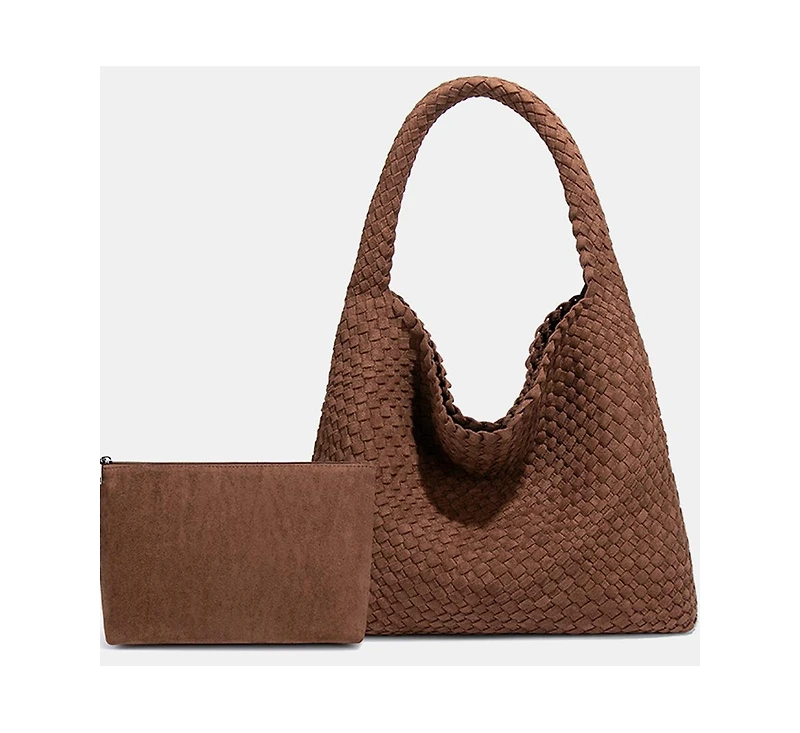 Susu Brown and Espresso Suede Woven Hobo Bag Large Slouchy Shoulder Tote Handbag for Women Soft Braided Texture Work Purse