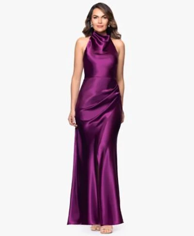 Betsy Adam Womens Cowl Halter Neck Charmeuse Long Dress
