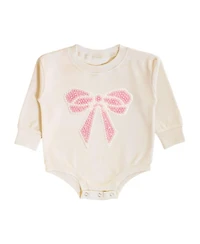 Sweet Wink Baby Girls Pearl Bow Patch Long Sleeve Romper
