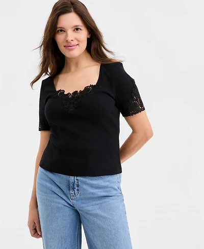 On 34th Women's Knit Short-Sleeve Lace-Inset Top, Macy's Exclusive