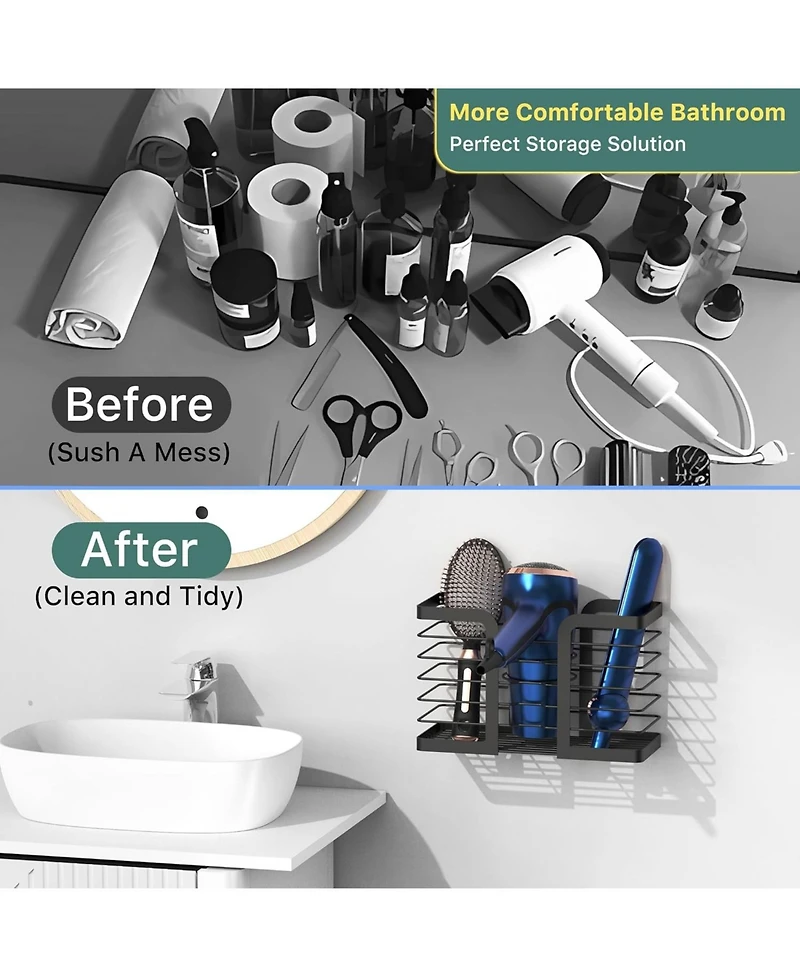 Hair Dryer Holder Hair Tool Organizer 3-in-1 Blow Dryer Holder Adjustable Height, Bathroom Organizer Wall Mounted/Cabinet Door for Flat/Curling Irons