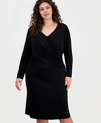 Connected Plus Drape-Front Long-Sleeve Sheath Dress