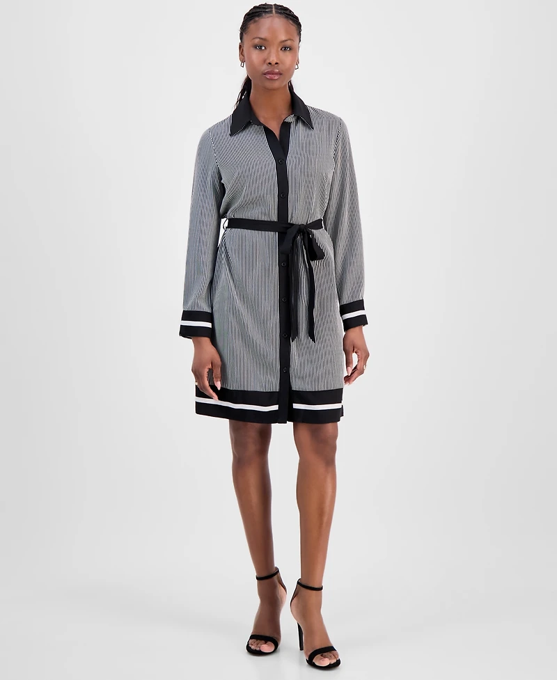 Robbie Bee Petite Border-Print Belted Dress