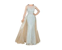 Lara Women's Long Sleeve Lace Gown with Tulle Overskirt