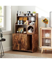 Gymax Large Wooden Cat Litter Box Enclosure w/ Storage Shelves Condo End Table