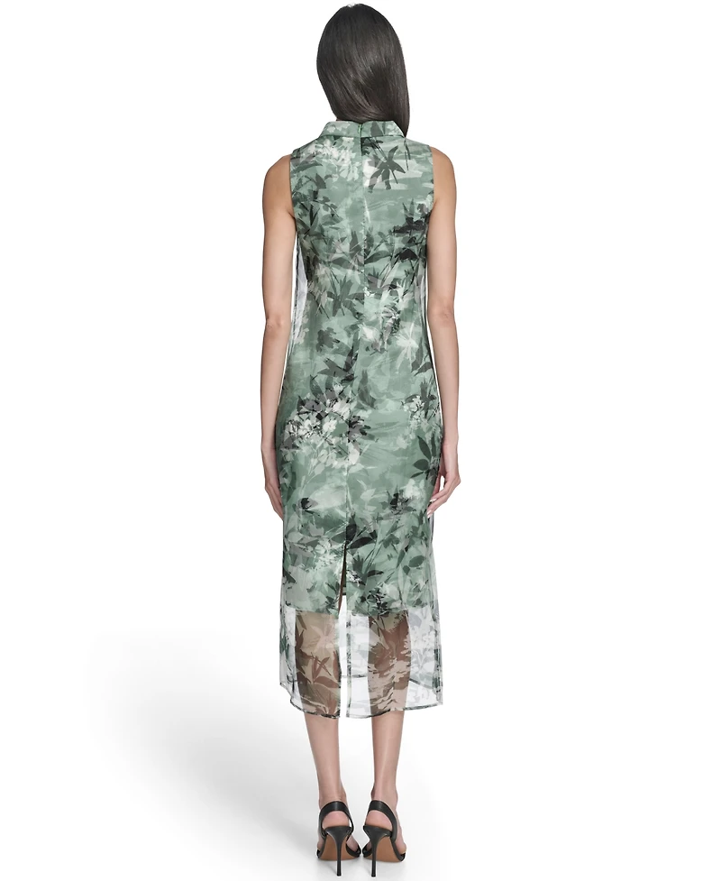Vince Camuto Women's Printed Organza Overlay Mock Neck Midi Dress