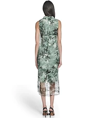 Vince Camuto Women's Printed Organza Overlay Mock Neck Midi Dress