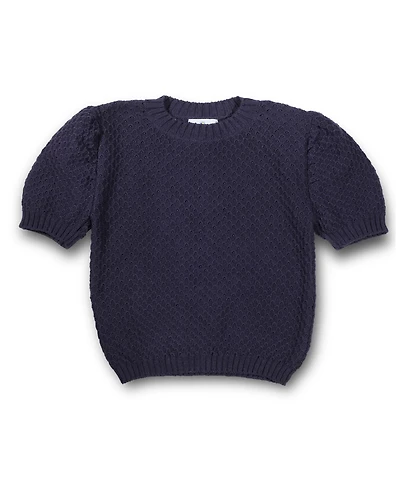 Florence Eiseman Big Girls Navy Short Sleeve Sweater With Puff Sleeves