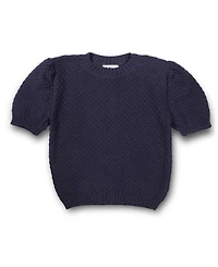 Florence Eiseman Big Girls Navy Short Sleeve Sweater With Puff Sleeves