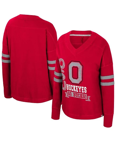 Colosseum Women's Scarlet Ohio State Buckeyes Oversized Violet Distressed V-Neck Long Sleeve T-Shirt