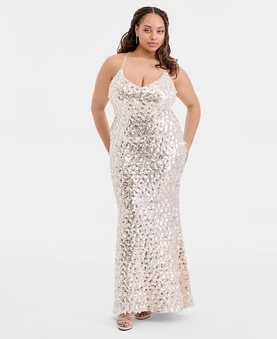 Say Yes to the Dress Plus Size V-Neck Sequin Sleeveless Gown