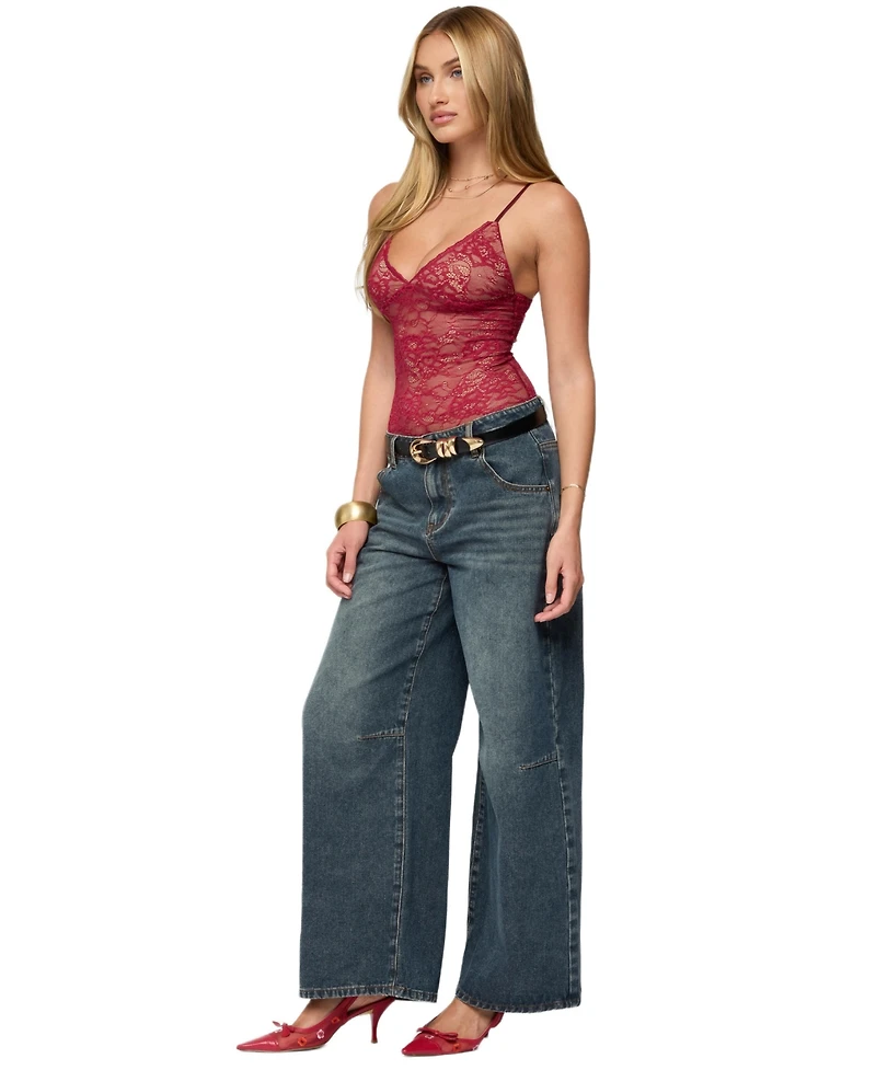 Edikted Women's Nolyn Sheer Lace V Neck Bodysuit