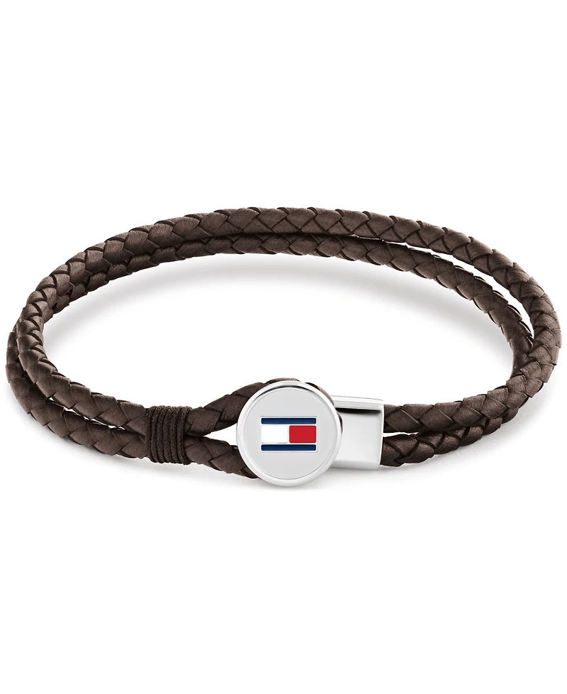 Tommy Hilfiger Men's Brown Leather with Stainless Steel Braided Bracelet