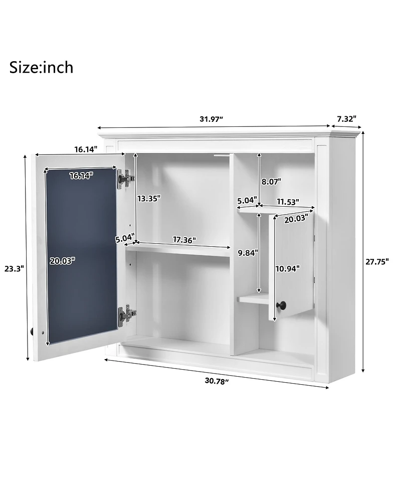 Airsurfer 32 Inch Bathroom Wall Cabinet with Mirror Wall Mounted Medicine Cabinet with 3 Shelves Mirrored Door White