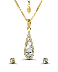 Christian Siriano New York Cubic Zirconia Teardrop Pave Halo Pendant Necklace and Earrings Set