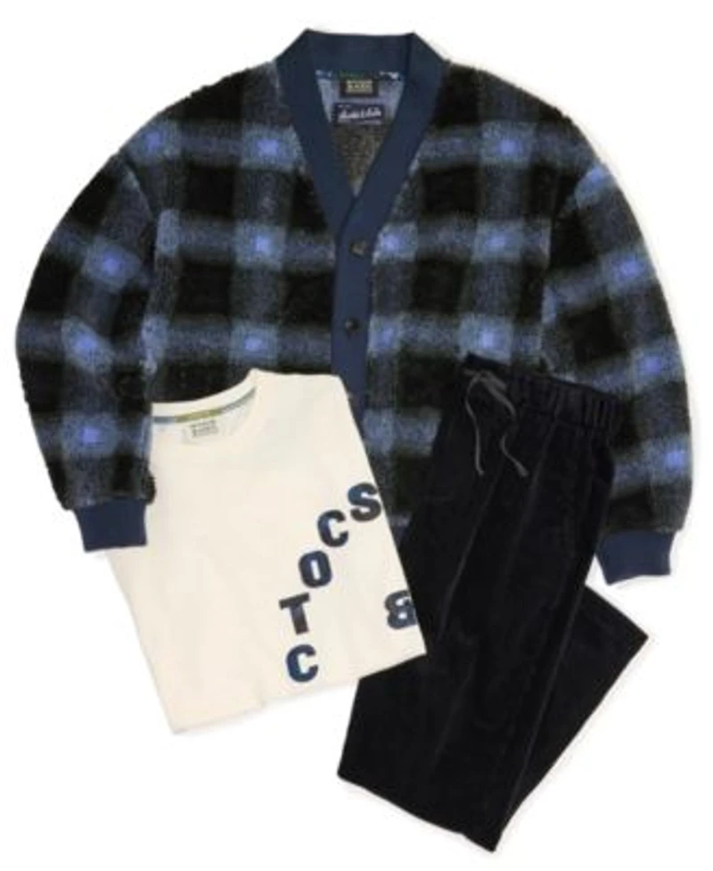 Scotch Soda Mens 3 Piece V Neck Cardigan Sweater With Loose Fit Applique T Shirt Paired With Loose Tapered Corduroy Joggers